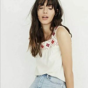 Madewell White and Red Embroideried Tank Top